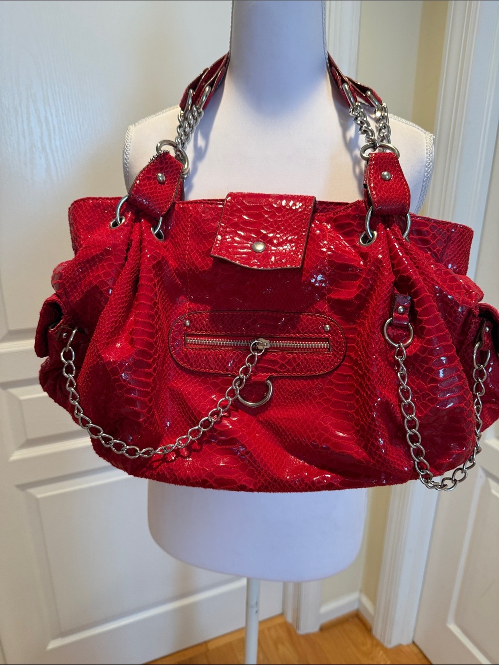 Nicole Lee Red Faux Snakeskin Shoulder Bag with Chain Handles one of a kind